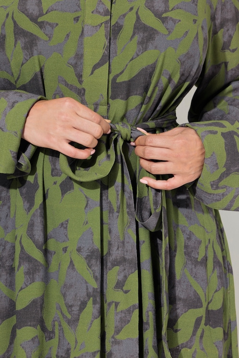 Maxikleid, Blätter, A-Linie, Hemdkragen, Langarm