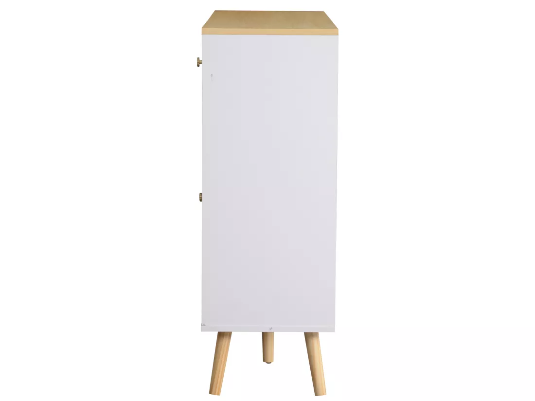 Buffet de cuisine avec 3 tiroirs et 3 portes en verre - 120 x 34 x 94 cm - Panneau de particules et Pièds en bois - Blanc + naturel