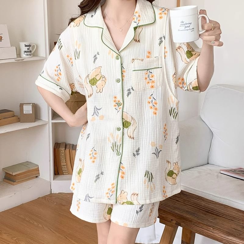 Dazzli - Pyjamaset: shirt met korte mouwen, kraag en print + shorts met elastische taille
