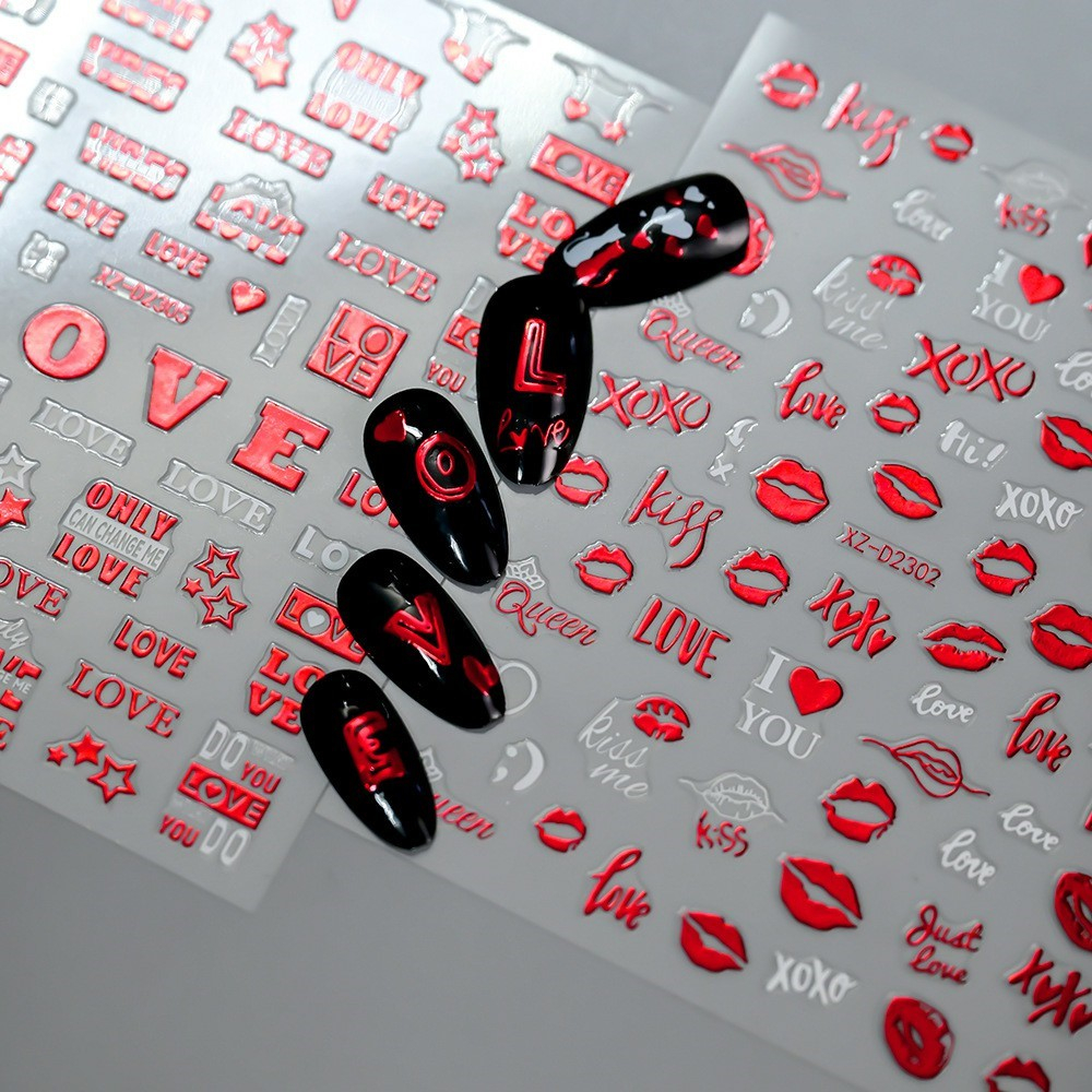 (808-tlg. Set) Nagel Sticker Nail Art Tattoo Selbstklebende Aufkleber Valentinstag - Rot / Weiss