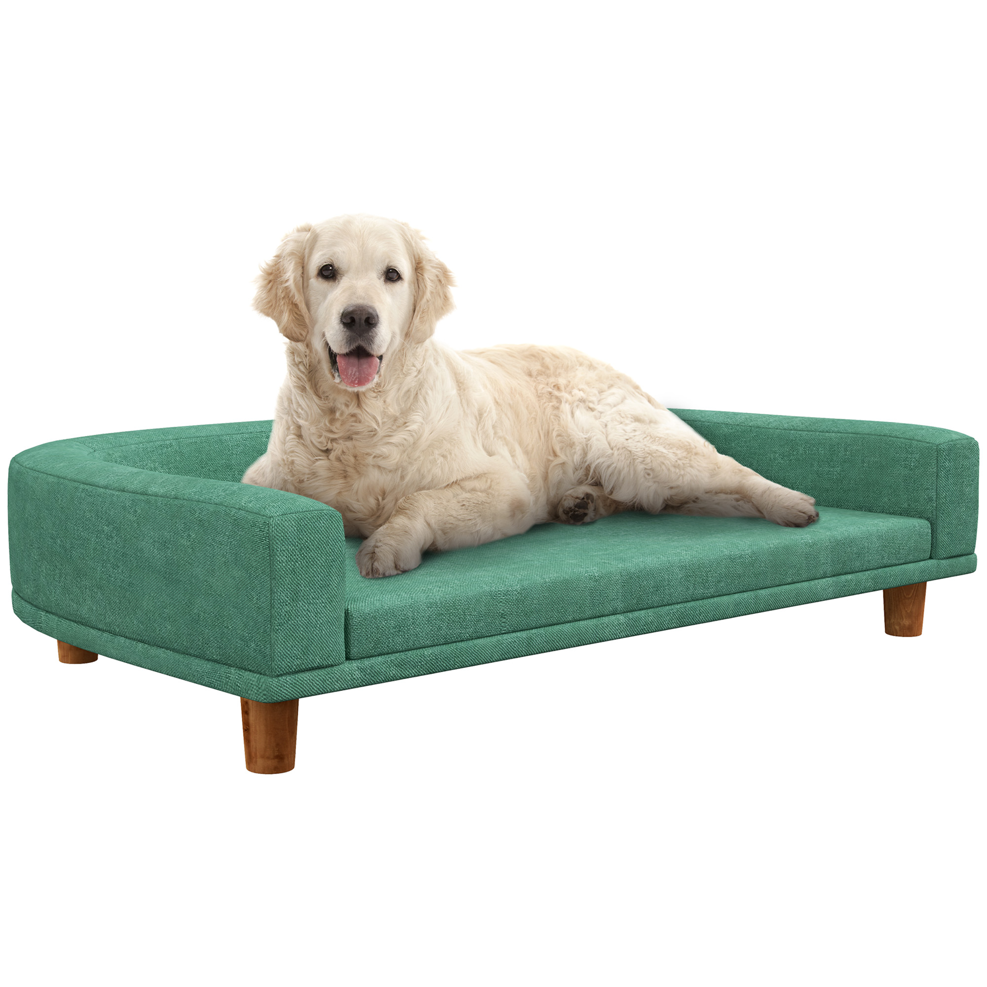 Sofá grande para cães PawHut, cama elevada estofada para cães com almofada lavável e pés de madeira de pinho, capacidade de carga de 40 kg, 98 x 67 x 25 cm, verde.
