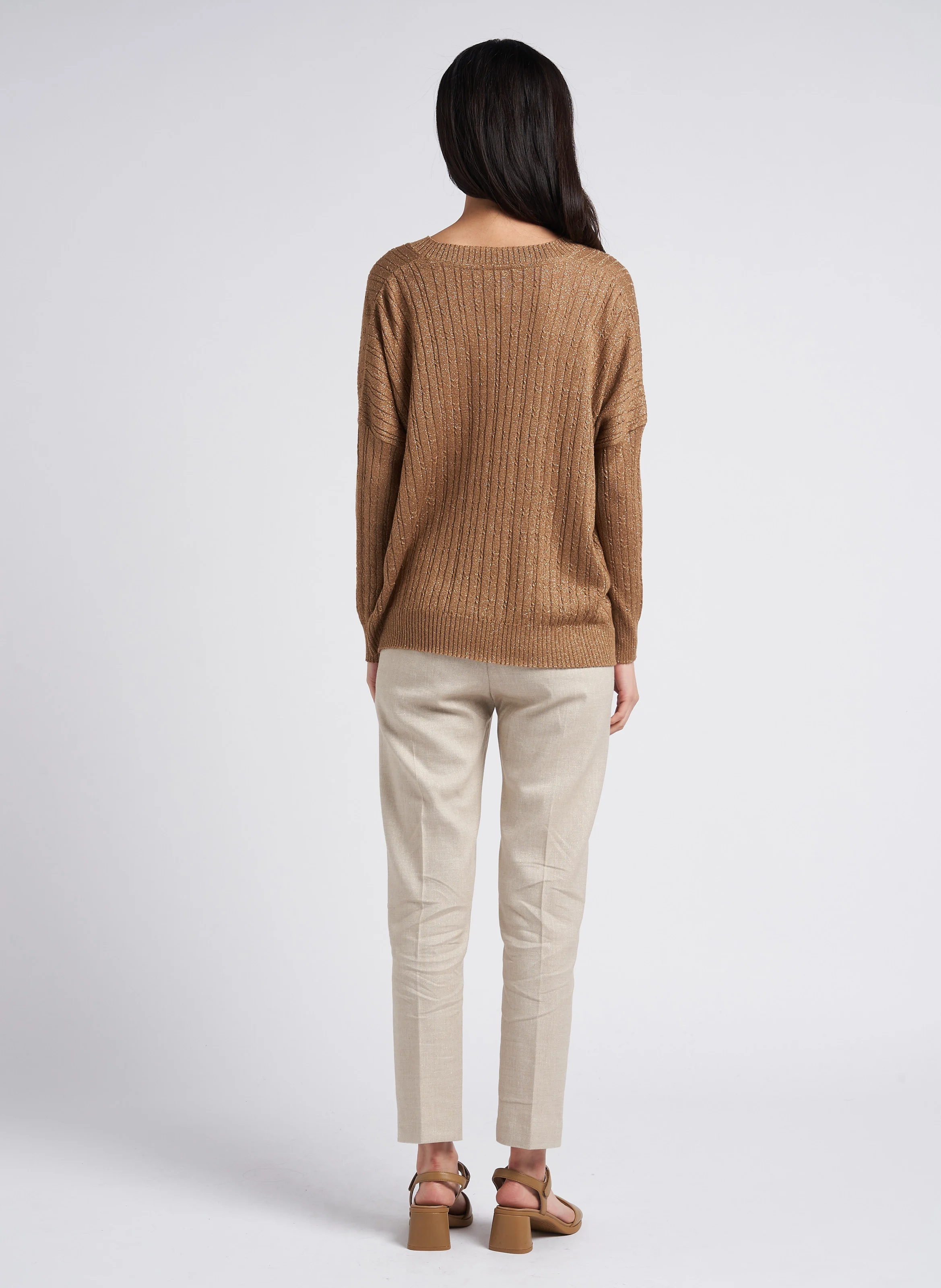 Pantalon chino taille haute avec fils métallisés | Beige