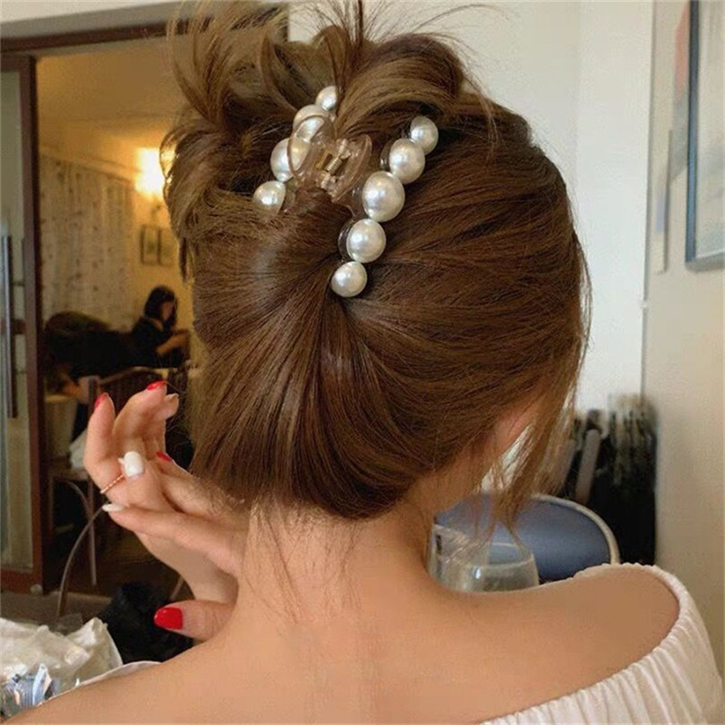 (10cm) Haarspange Klammer Perlen Krallen Clip Haarschmuck  - Weiss