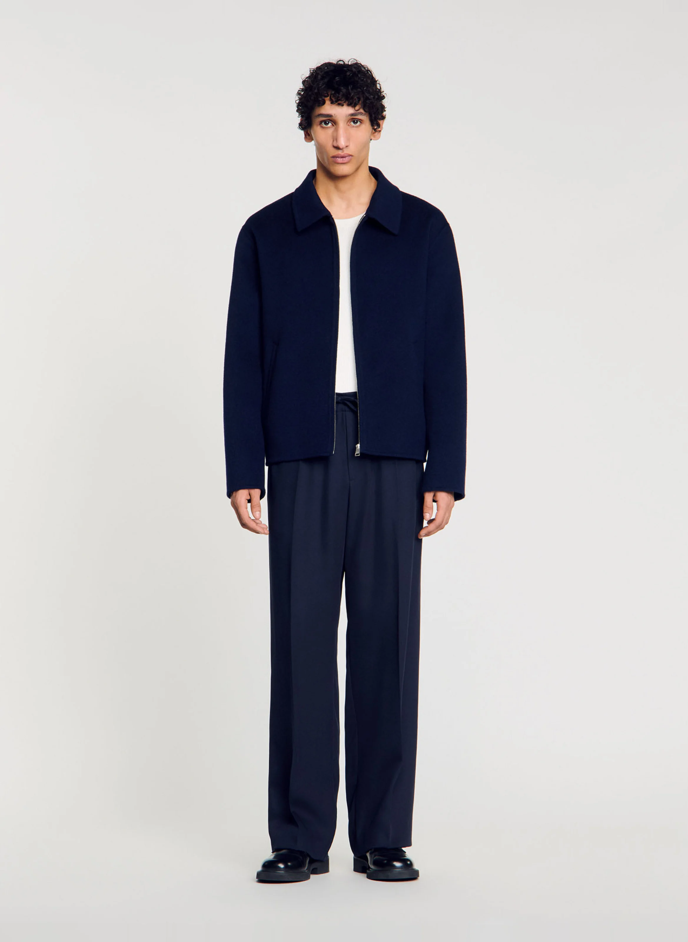 Veste droite col classique en laine mélangée | Bleu