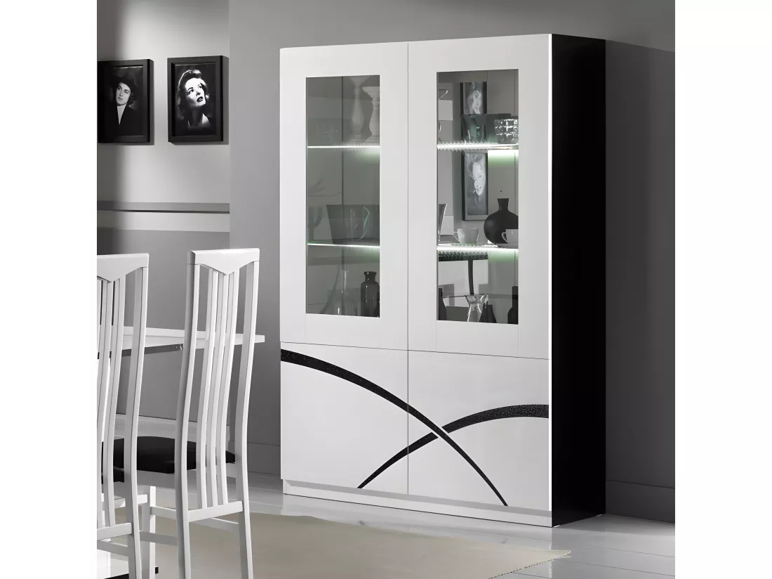 Vaisselier 4 portes Blanc/Noir laqué à LEDS - CROSS - L 118 x l 46 x H 181 cm
