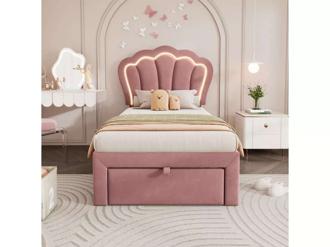 Lit d'enfant LED Single 90 x 190 cm, lit rembourré avec tiroirs APP-Control LED ,Velvet pink