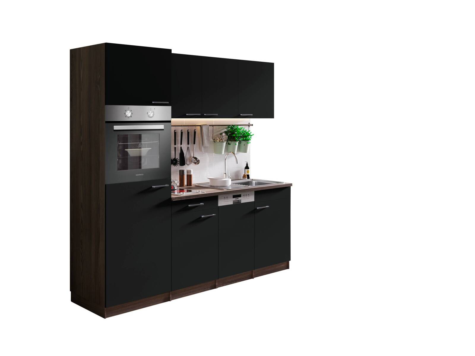 RESPEKTA Singleküche OLIVER - schwarz - Eiche York - mit E-Geräten - 205 cm