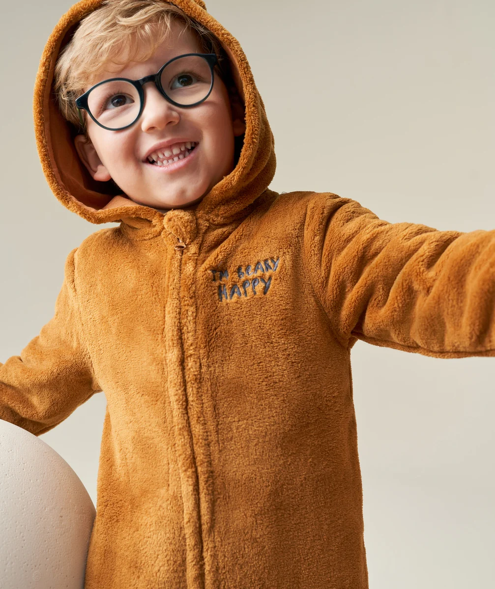 SURPYJAMA POLAIRE GARÇON EN FIBRES RECYCLÉES MARRON À CAPUCHE AVEC OREILLES
