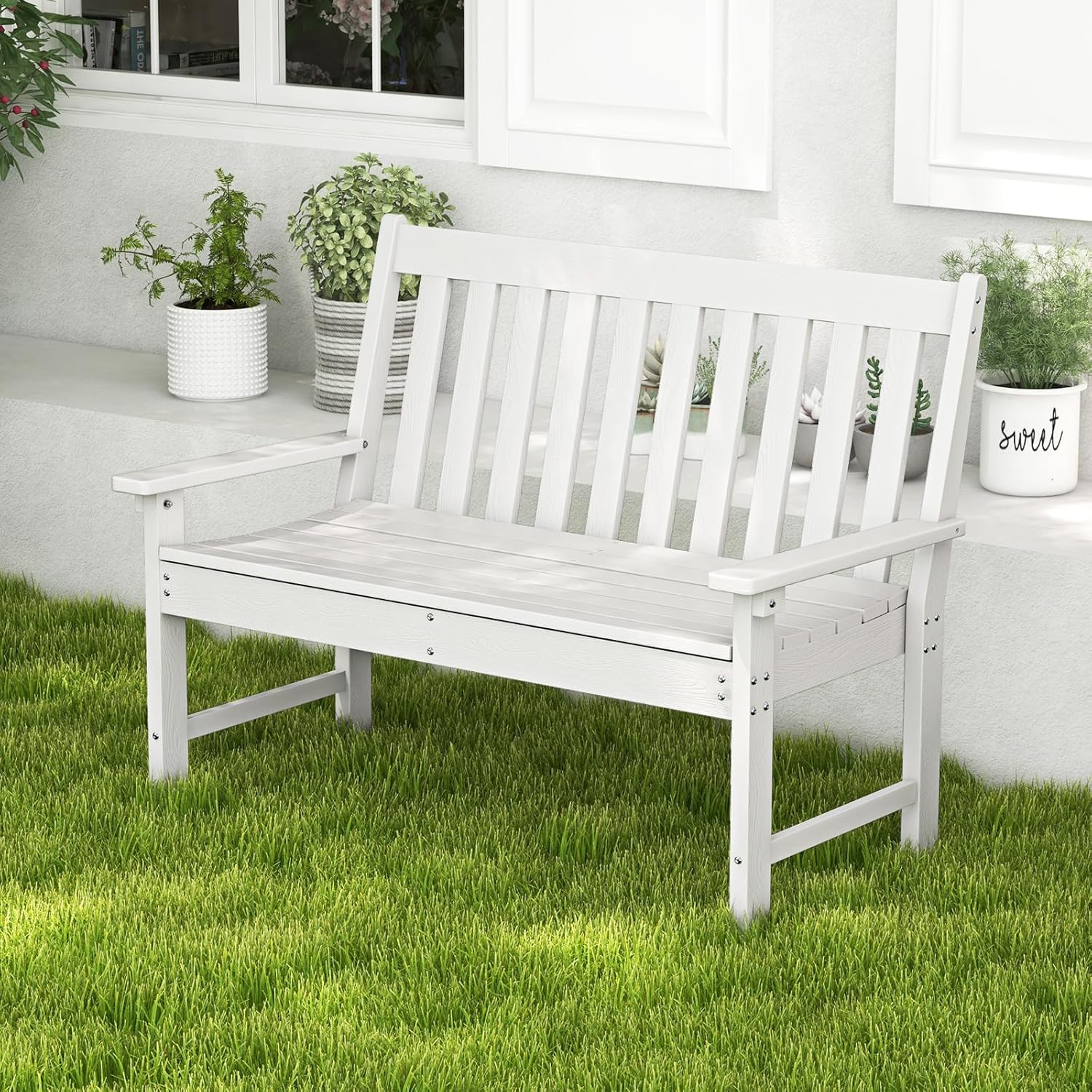 COSTWAY Gartenbank wetterfest, Allwetter-Sitzbank aus HDPE, Parkbank für 2-3 Sitzer, Balkontank bis 320kg belastbar, Terrassenbank für Garten, Balkon und Terrasse, 132 x 65 x 91 cm (Weiß)