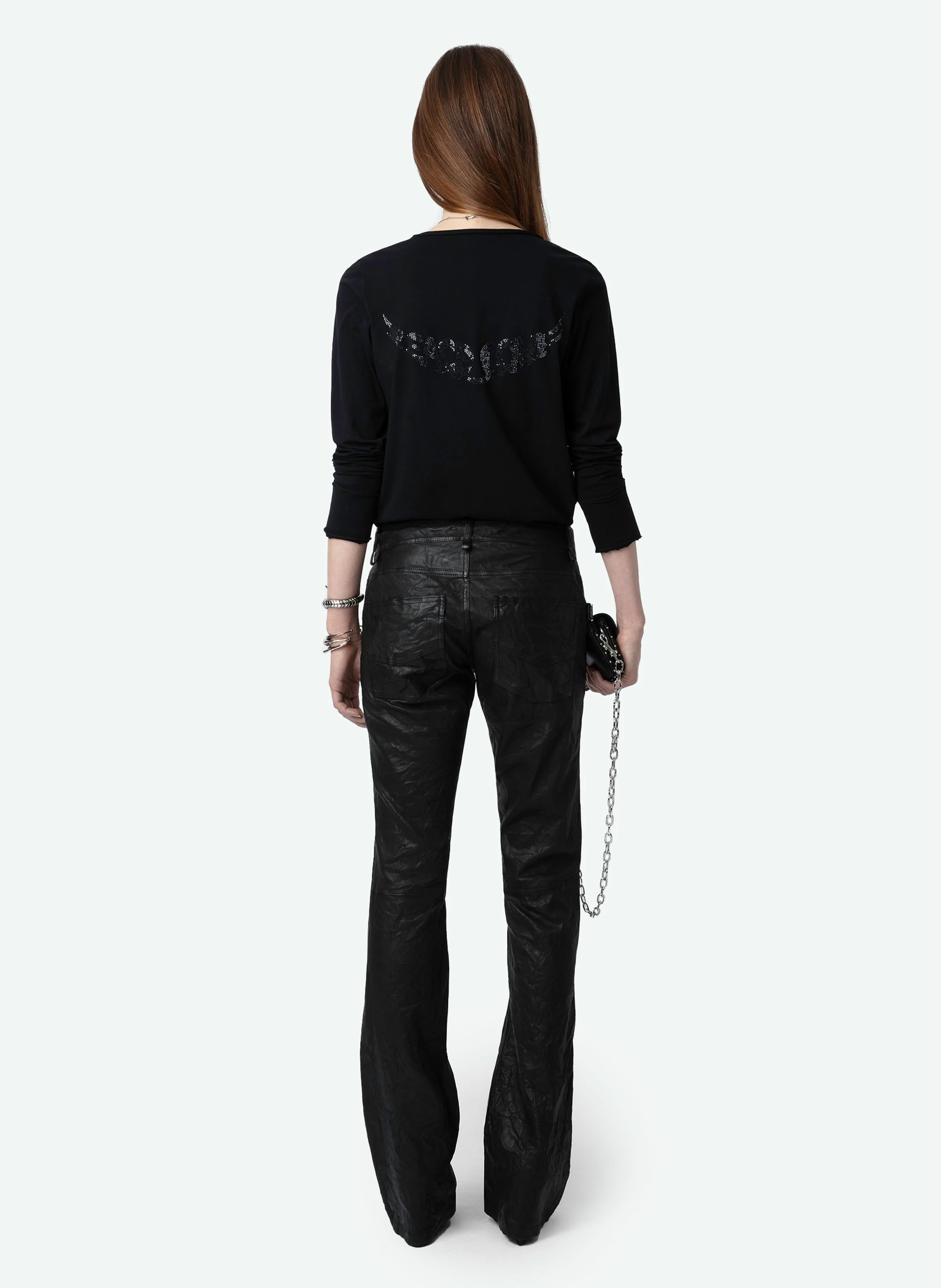Pantalon droit taille normale en cuir | Noir