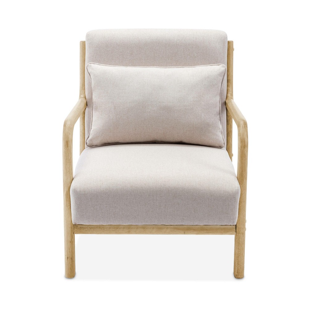 Fauteuil design en bois et tissu. 1 place droit fixe. Pieds compas scandinave. Structure en bois solide. Assise confortable beige