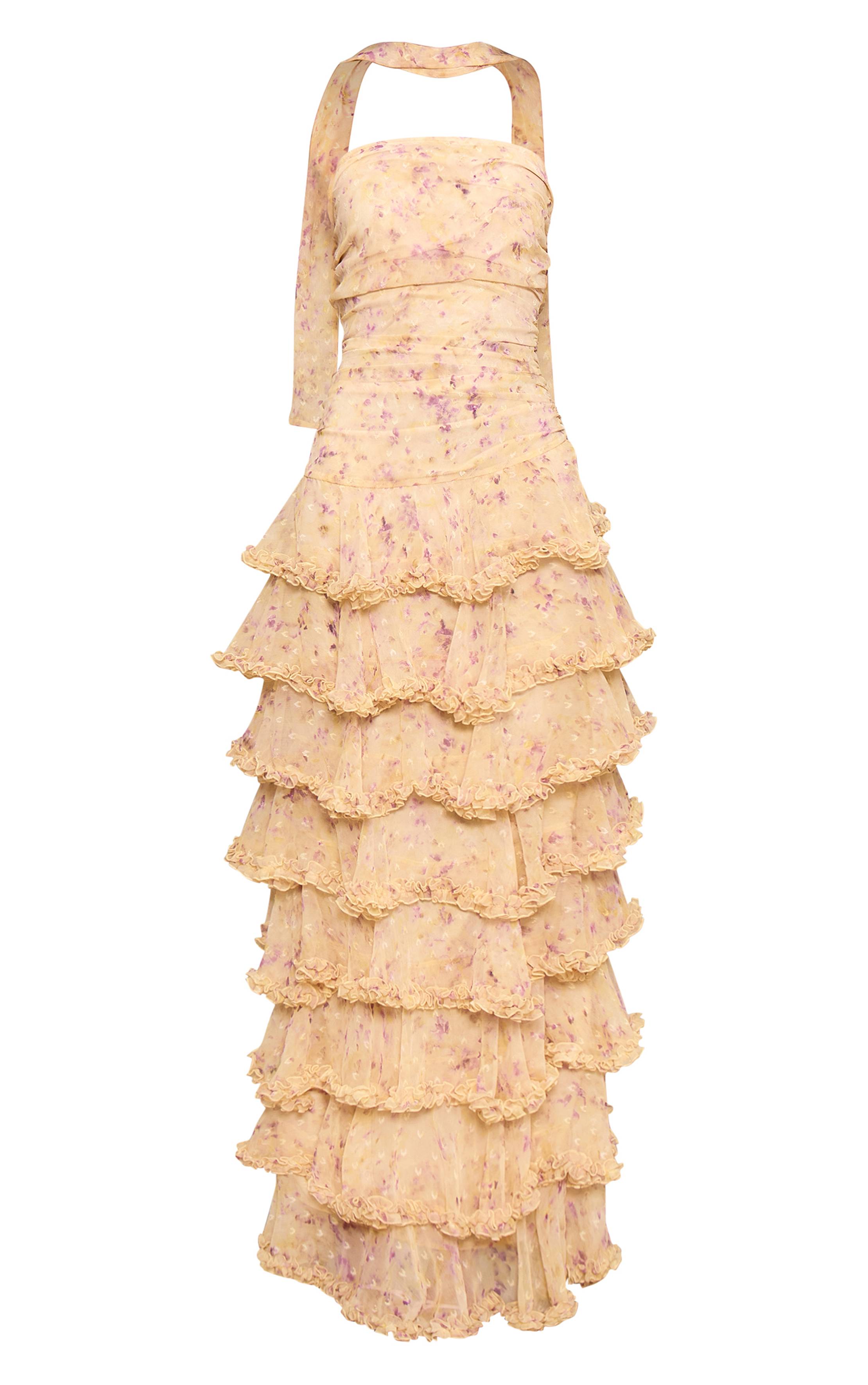 Jaune Robe Longue À Volants Étagés En Mousseline À Imprimé Fleuri Ditsy
