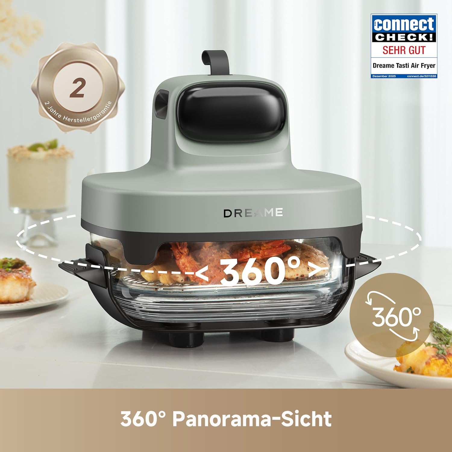 dreame Tasti AirFryer 5-in-1 tragbare Glas-Heißluftfritteuse, Zwei-Behälter-Setup (2,5 L + 4,5 L), 6 mm Borosilikatglas, 3D-Heißluft-Umwälzung, spülmaschinengeeignet, 360°-Panorama-Ansicht, abnehmbar
