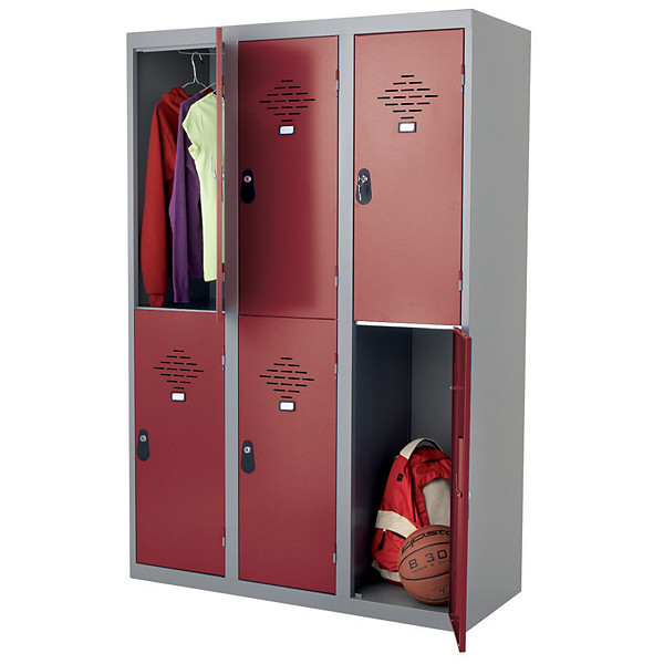 Vestiaires Multicases monoblocs 3 colonnes 2 cases gris / rouge largeur 300 mm