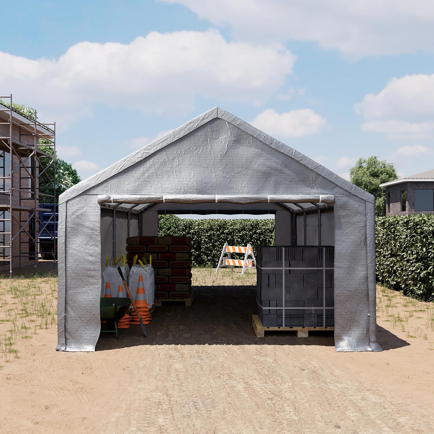 TOOLPORT Lagerzelt 4x8 m Zelthalle Unterstand Zeltgarage PE Plane 350 N wasserdicht in grau