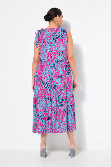 Jersey-Midikleid, Blüten, gekräuselter Rundhals, ärmellos, helles erika