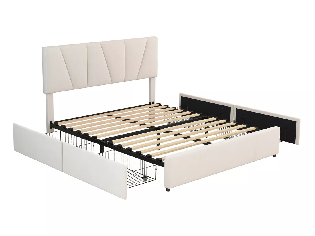 Lit rembourré king size avec quatre tiroirs de rangement beige (160*200cm)