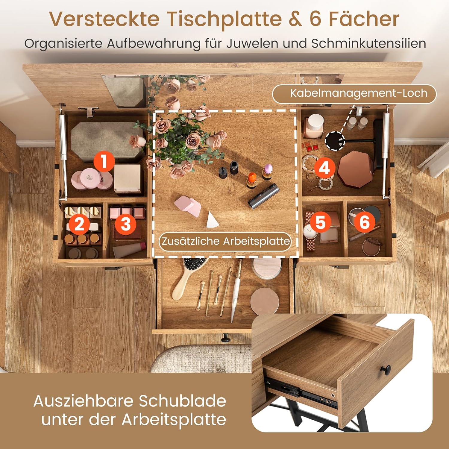 COSTWAY Schminktisch mit großem Spiegel, Ladestation, 6 Aufbewahrungsfächern, Klappdeckel und Schublade, Kosmetiktisch rustikal, Schreibtisch für Schlafzimmer, Ankleidezimmer (Natur)