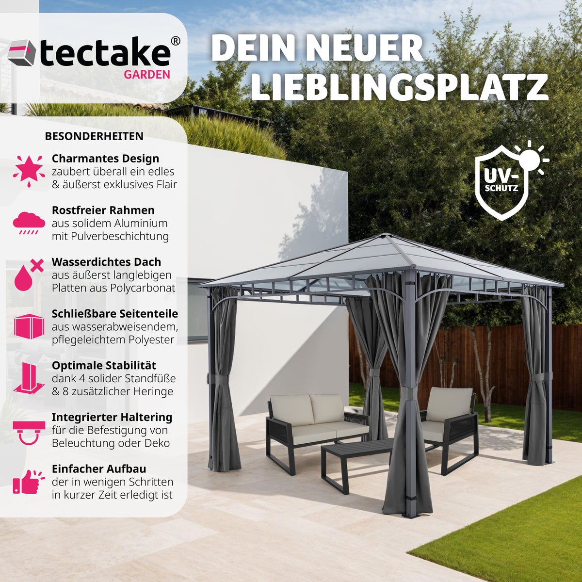tectake Caracas tuinpaviljoen met gepoedercoat aluminium frame, inclusief 8 haringen
