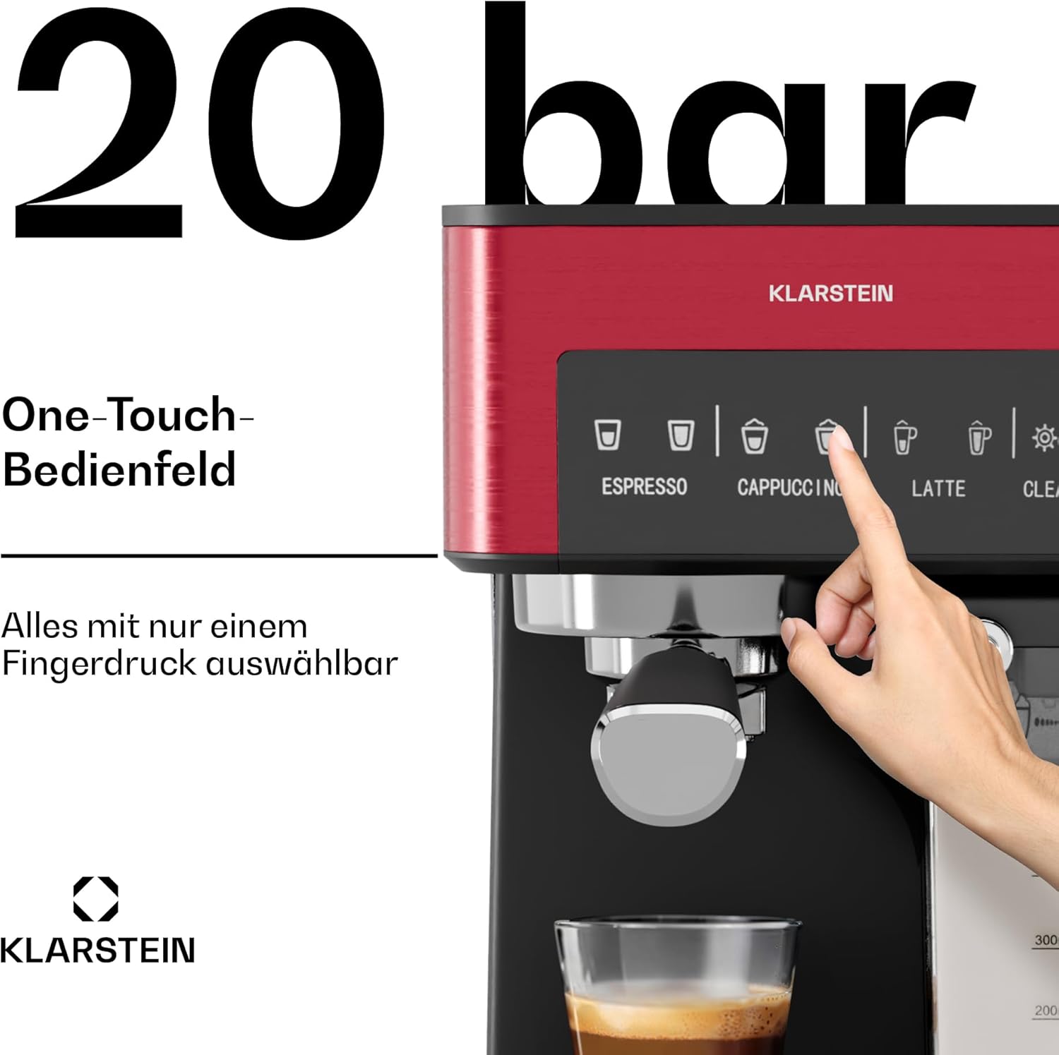 Klarstein Arabica Comfort Siebträgermaschine – 20-Bar, 1350W, Mit Milchaufschäumer, Für Gemahlenen Kaffee & Pads, 1,8L Wassertank, Touch-Bedienfeld, Abnehmbarer Milchtank, Aufschäumdüse aus Edelstahl