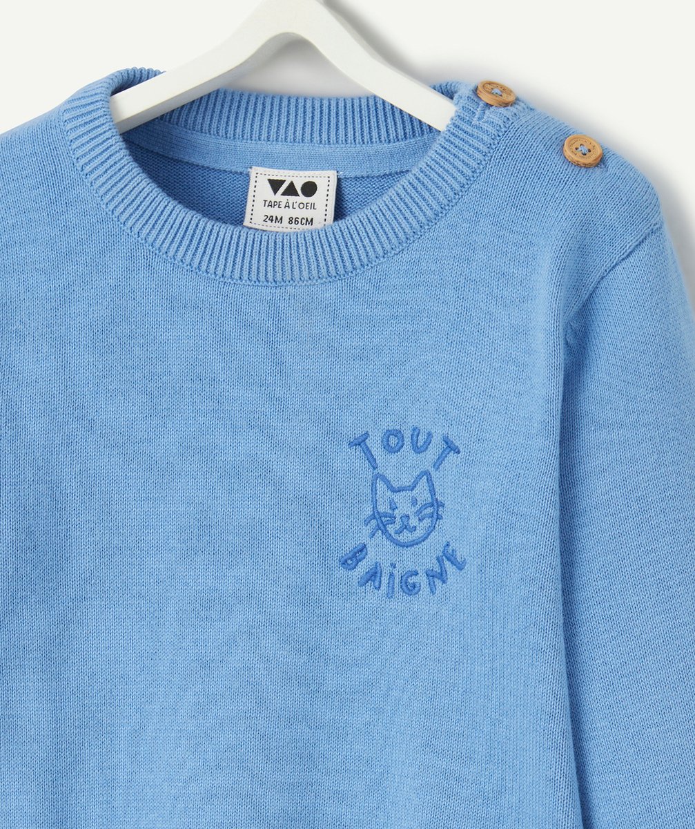 PULL TRICOT BÉBÉ GARÇON EN COTON BIO BLEU AVEC MESSAGE BRODÉ CHAT