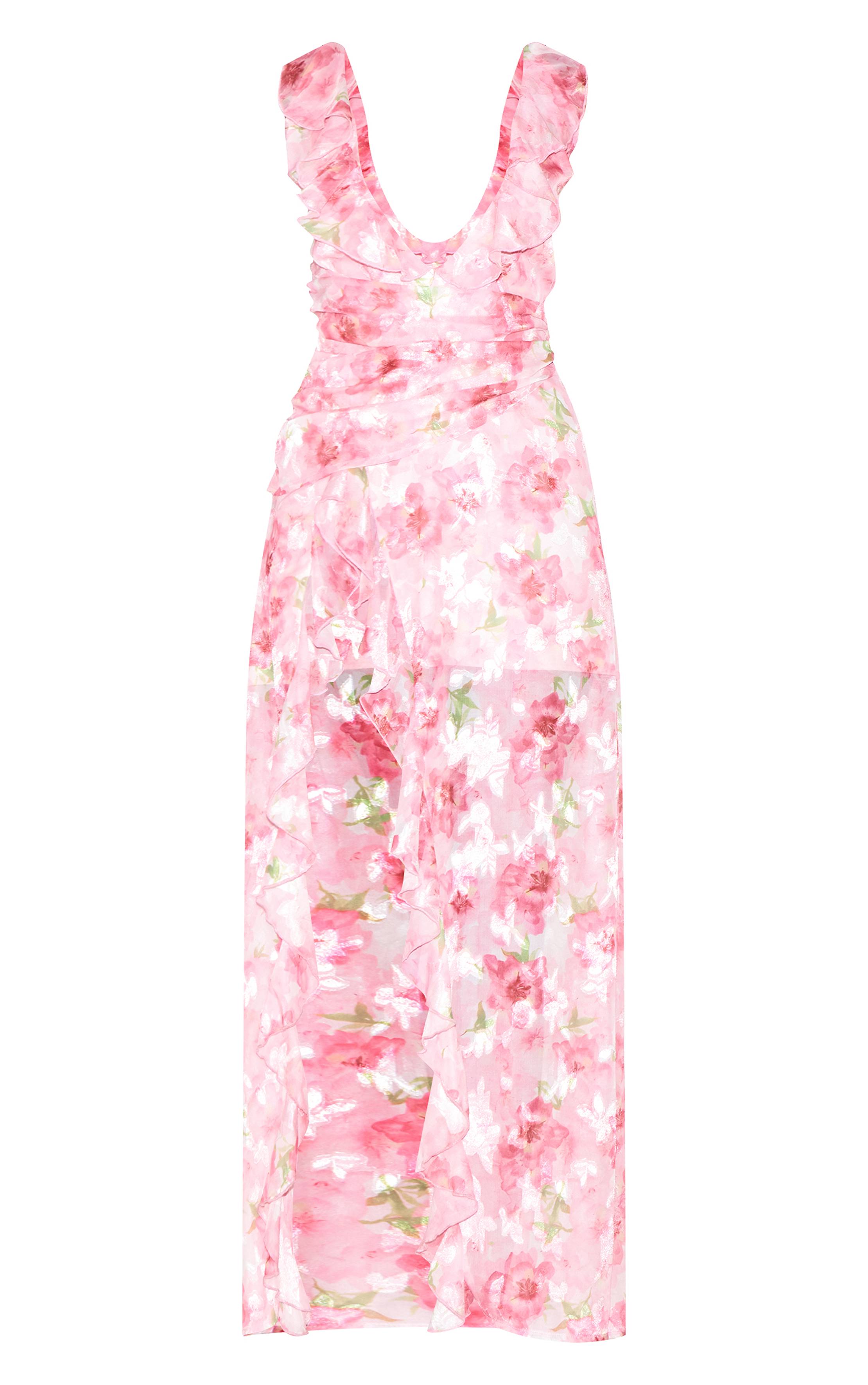 Rose Robe Longue À Bretelles À Volants En Mousseline Fleurie Avec Décolleté Plongeant