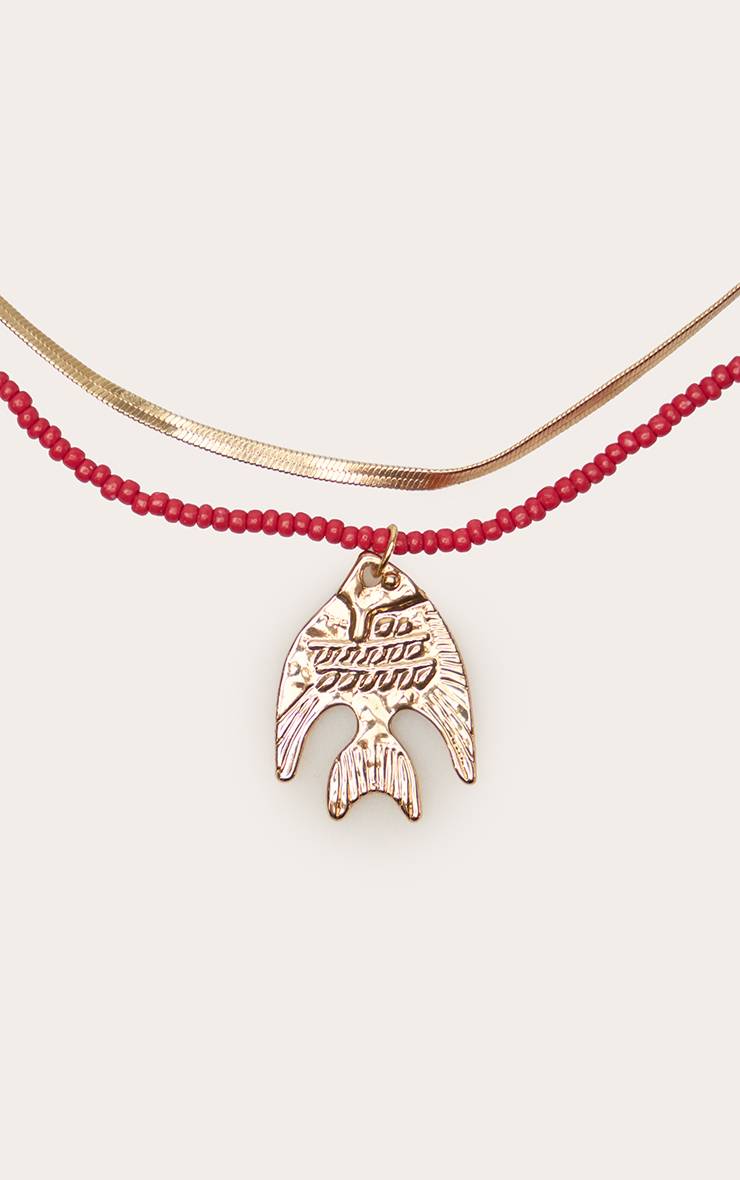 Rouge Collier Superposé Avec Perles Et Pendentif Poisson