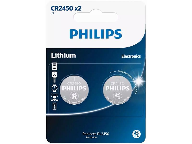 Philips Knopfzelle Lithium CR2450 , 2 Stück Für langandauernde Leistungen Ihrer kleinen Elektronikgeräte