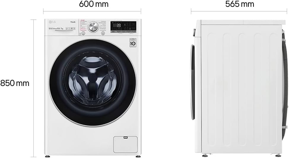 LG V7WD107H2E, Klasse E, Frontlader-Waschtrockner 10,5-7 kg, 1400 U/min, AI Direct Drive, Wi-Fi, Tiefenreinigung mit Dampf, TurboWash, Größere Kapazität, 62 x 60 x 85 cm ꟷ Weiß