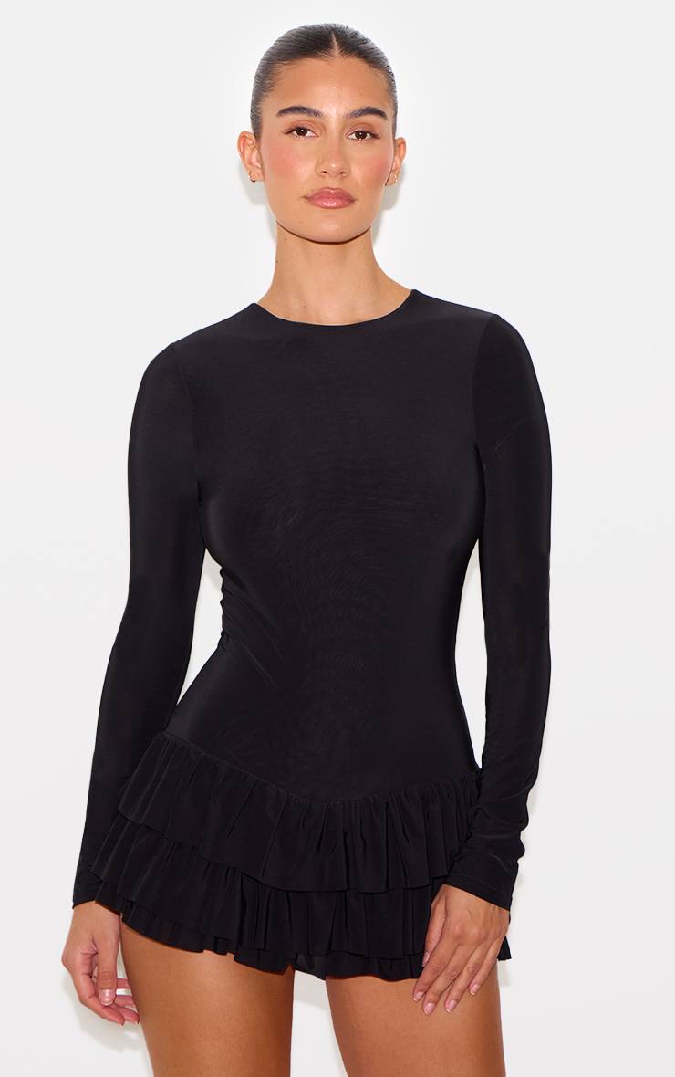 Noir Combi-short Jupe Volantée À Manches Longues En Tissu Slinky Double Épaisseur