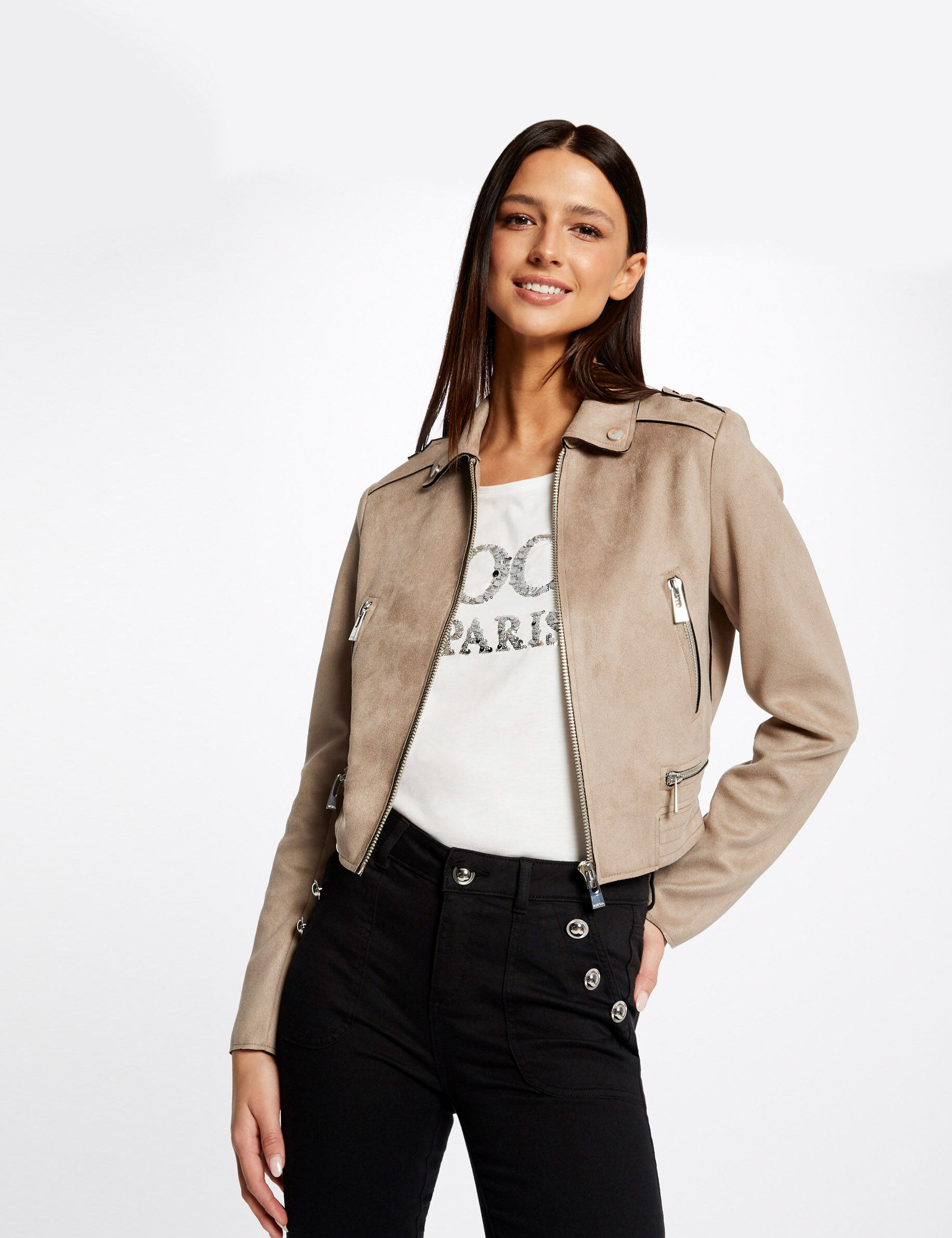 Blouson droit aspect suédine beige clair femme - beige_clair
