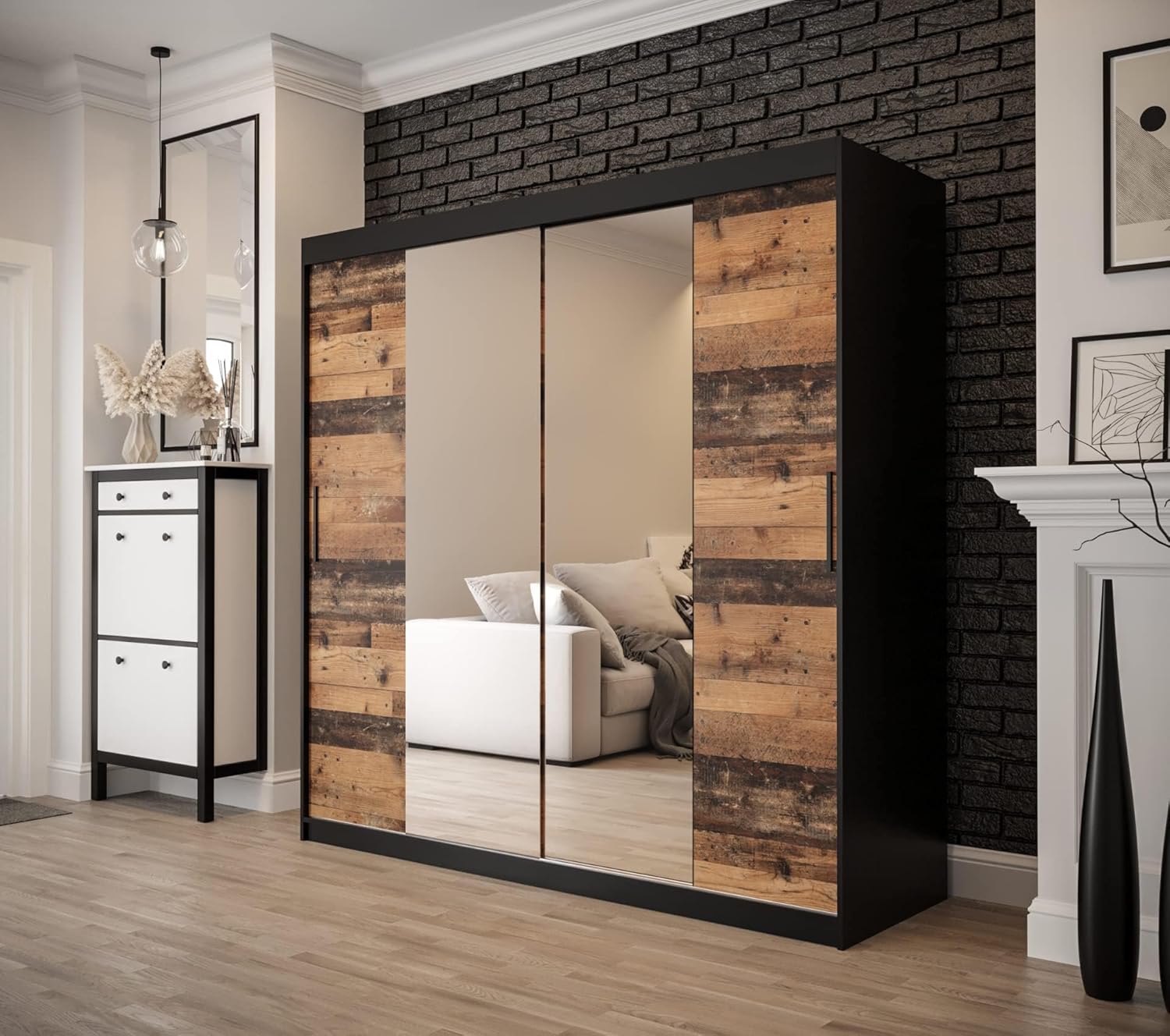 KRYSPOL Schiebetürenschrank Old Style T1 200 cm Kleiderschrank mit Spiegel Einlegeboden Schlafzimmer- Wohnzimmerschrank Schiebetüren Modern Design (Schubladen: 0)