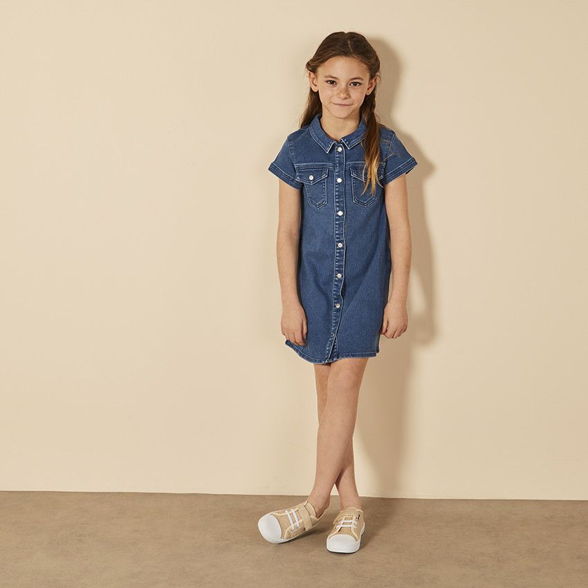 Robe chemise manches courtes effet jean pour fille - Bleu