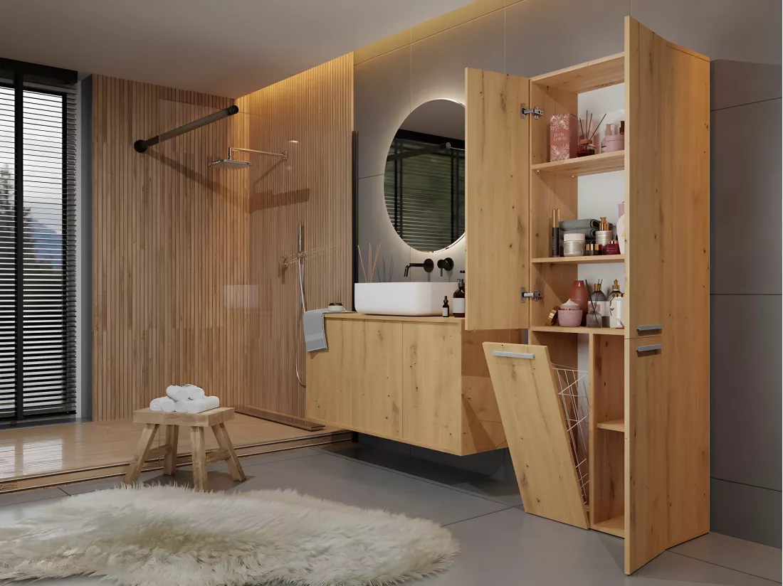 RORY - Armoire de salle de bain avec panier - Dimensions 174x60x30 - Meuble de rangement salle de bain espace buanderie