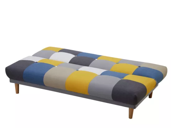 Canapé 3 places convertible clic-clac en tissu MARDAG - Patchwork gris, bleu, jaune