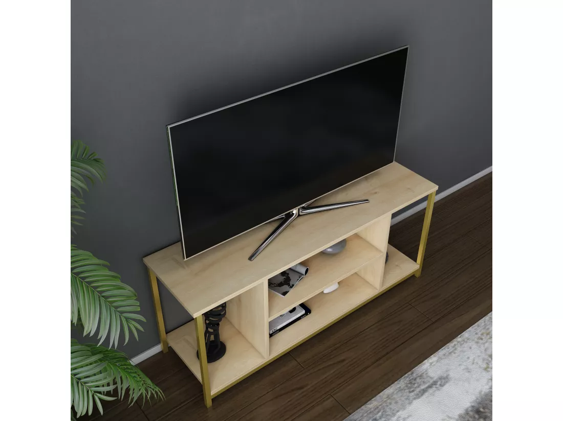 Meuble TV Rinaldo de 120 cm avec niches, cadre en métal (Doré et Chêne)