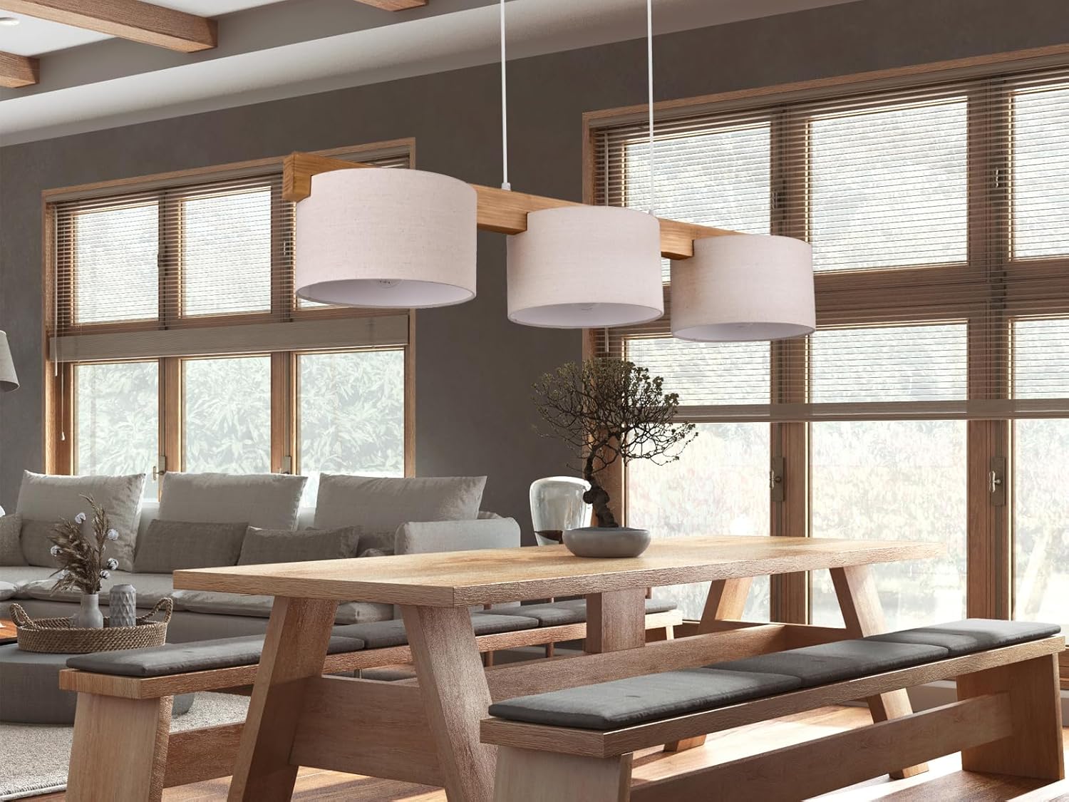meineWunschleuchte Holzbalken Pendelleuchte 3 flammig mit Stoff Lampenschirmen in Beige, Breite 100cm