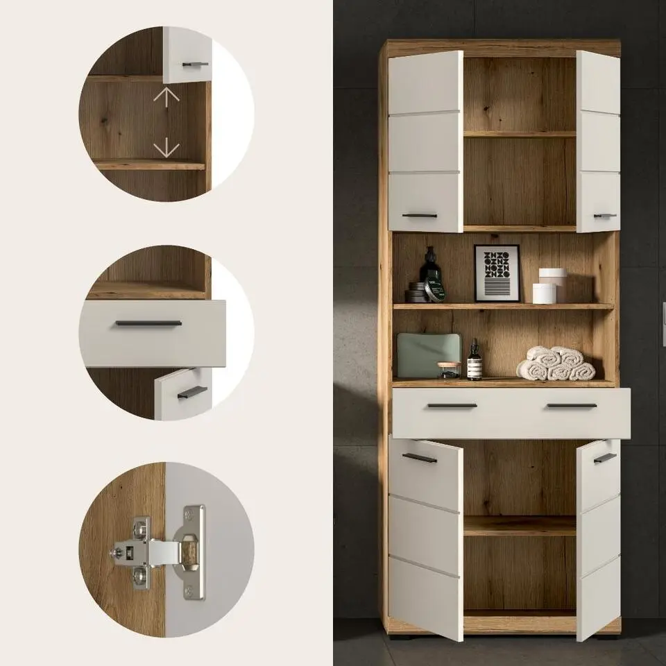 Hioshop Scout kolomkast 4 deuren- 1 lade- 2 planken kasjmier decor mat- eiken