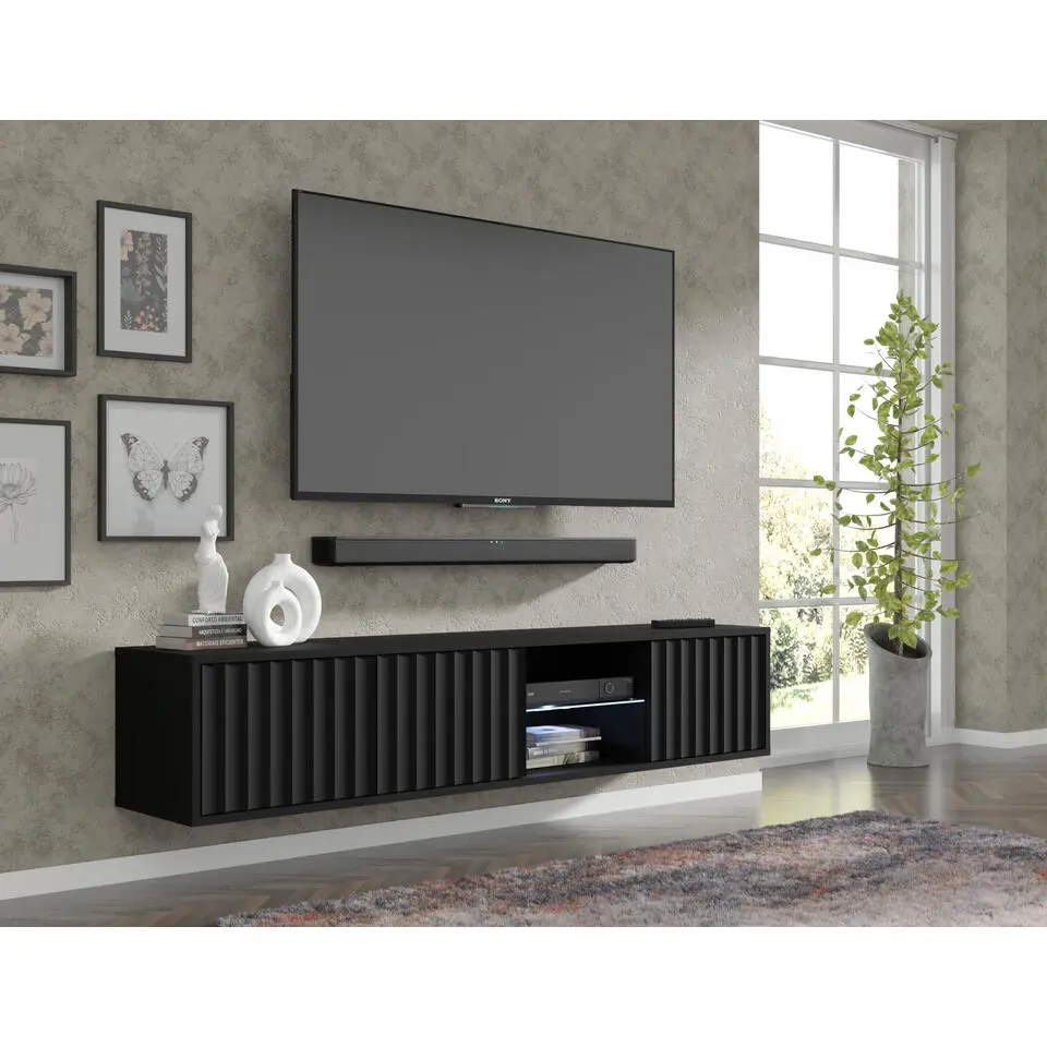 Homlando - Wandgemonteerd TV-meubel - Vina- Zwart - 31x156x31 cm
