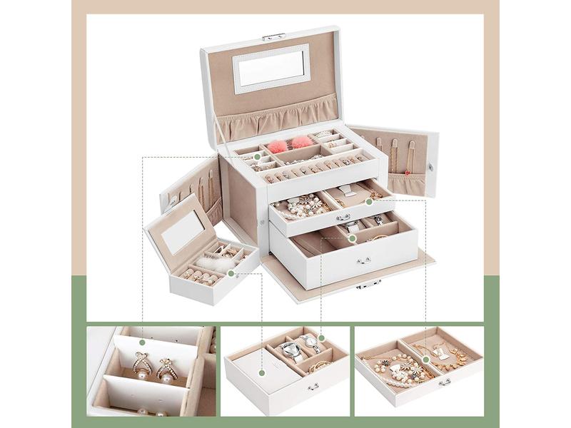 Songmics Schmuckschatulle mit 3 Ebenen, Weiss, Kunstleder Schmuckbox abschliessbar