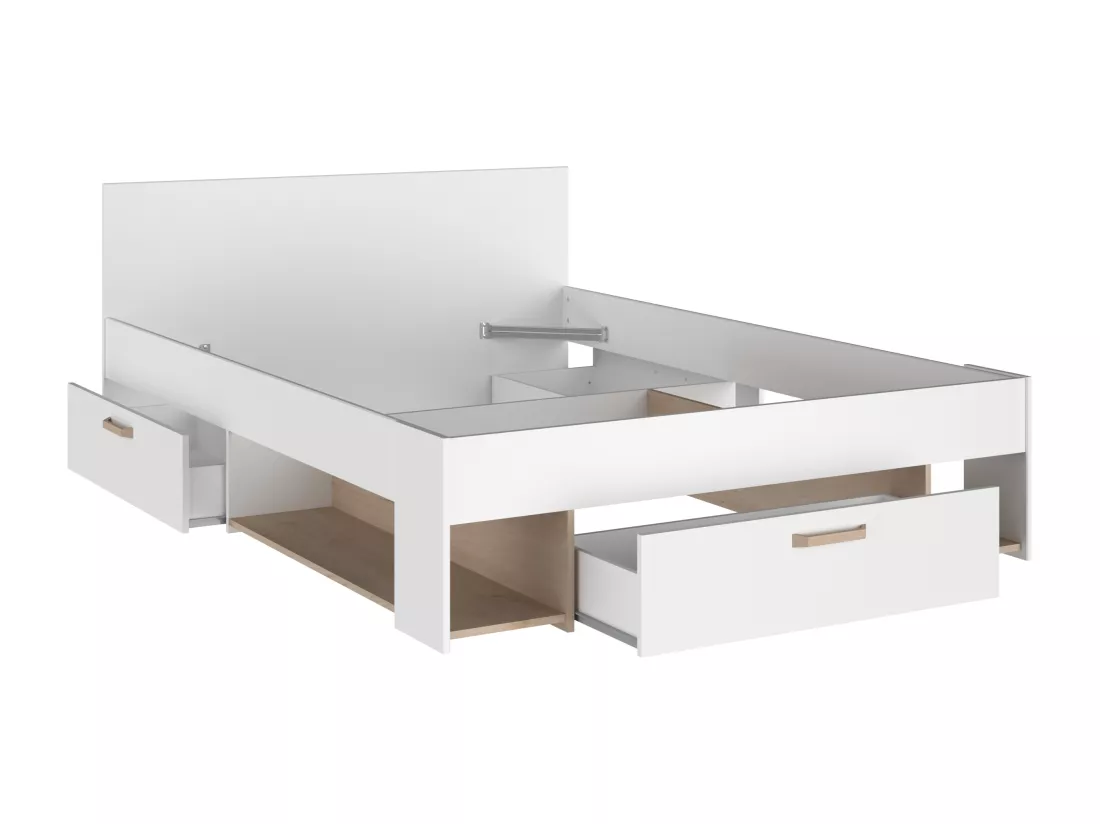 Lit 140 x 190/200 cm avec rangements - Blanc et naturel + Sommier - KINSELIA