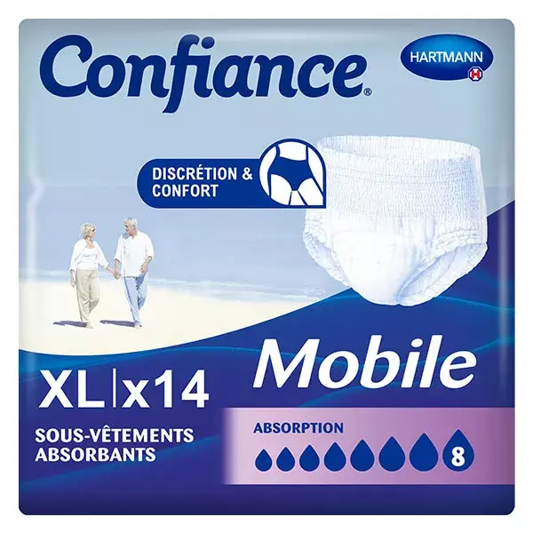 Roupa íntima Hartmann Confidence Mobile com absorção de 8 gotas, tamanho XL, pacote com 14 unidades.