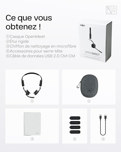 SHOKZ Casque à conduction osseuse OpenMeet, casque Bluetooth ouvert avec double micro antibruit, écouteurs sans fil pour travail, appels, réunions, Bluetooth 5.4, autonomie de 15 heures, charge rapide