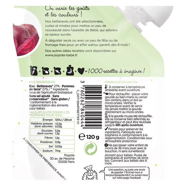 Popote Les Legumes Gourde Béetave +6m Bio 120g