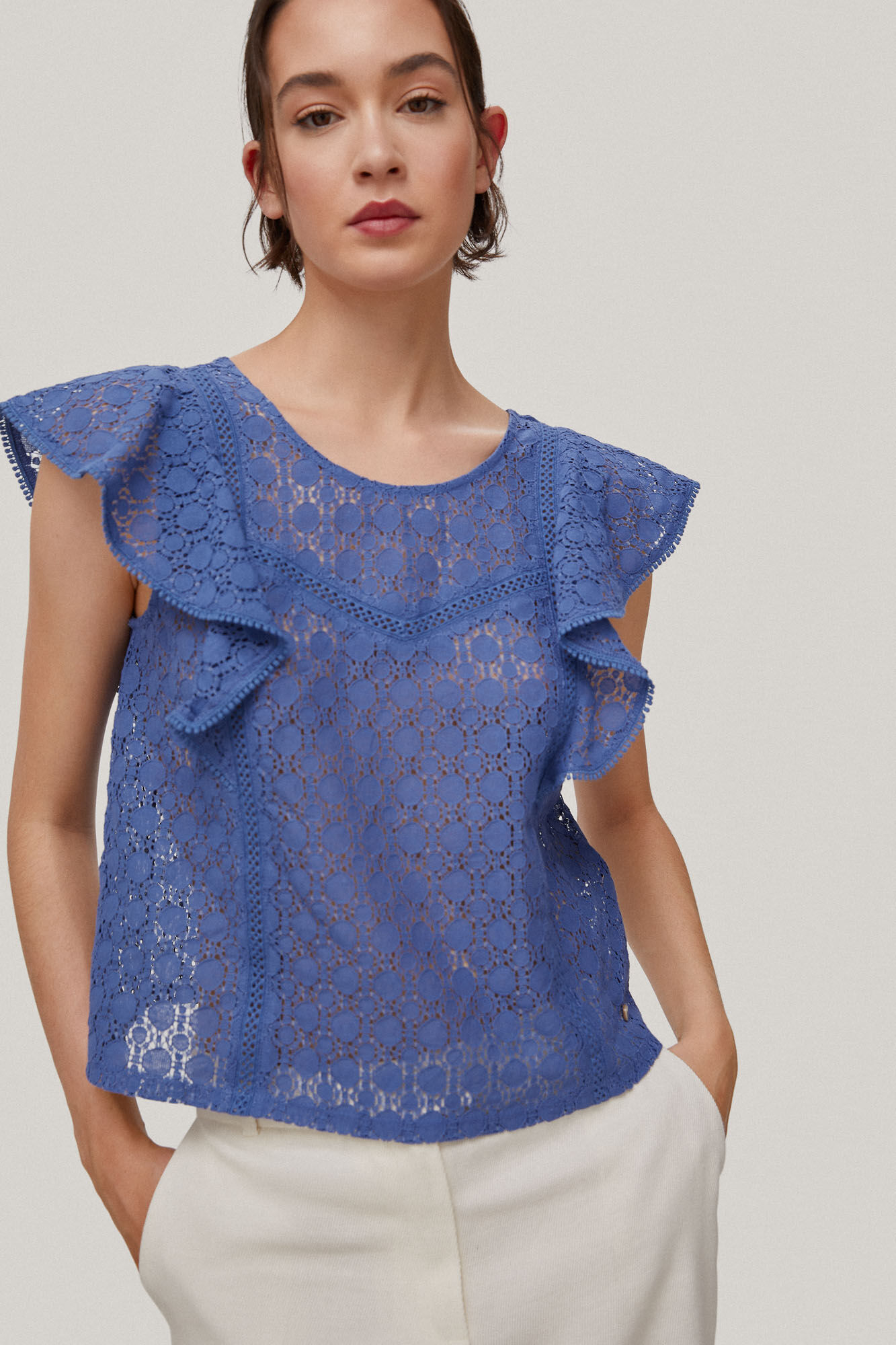 Camiseta romântica com babados - Azul