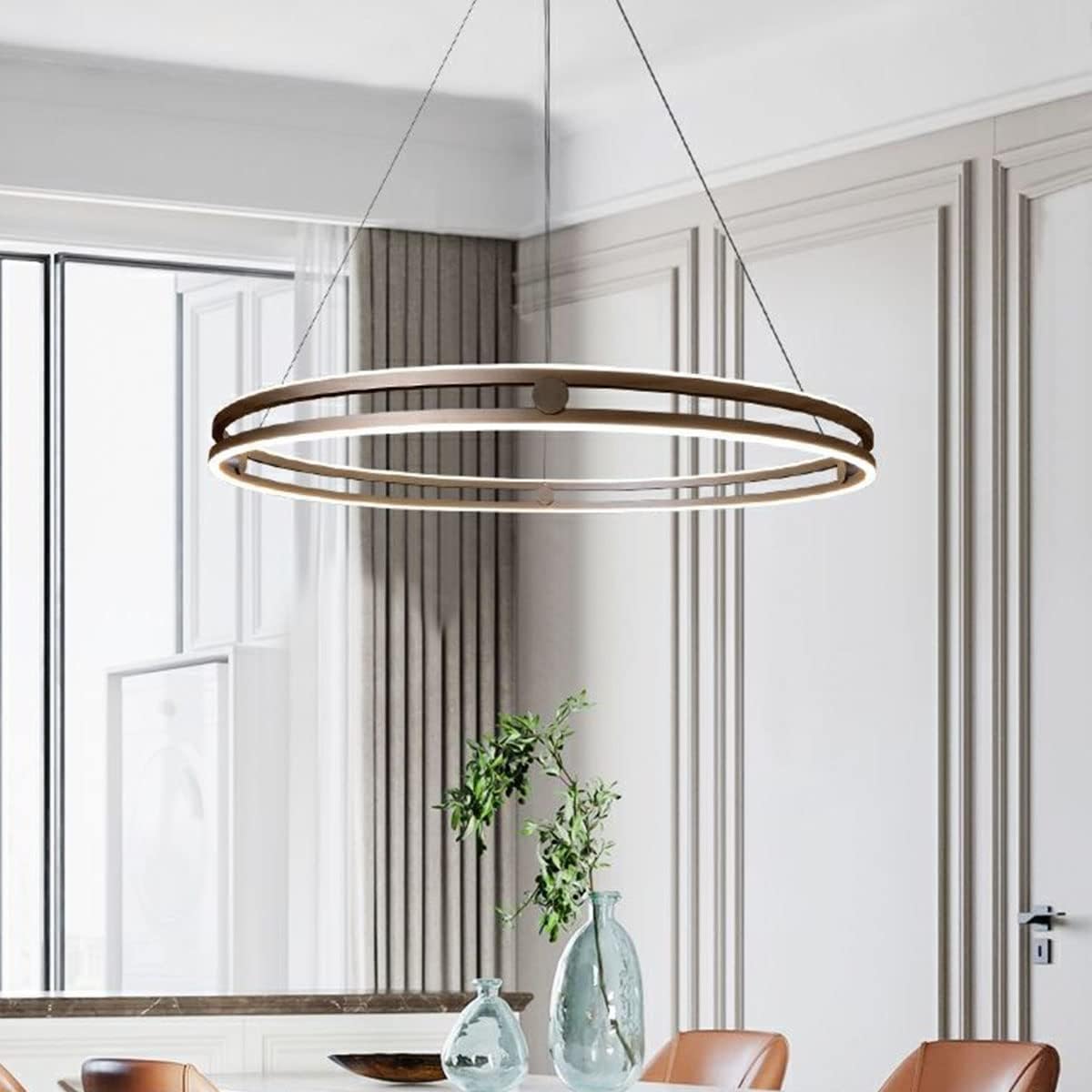 LED Pendelleuchte Esszimmer Metall ring Kronleuchter Höhenverstellbar Wohnzimmerlamp Dimmbar mit Fernbedienung Hängeleuchte Esstisch Pendellampe Acryl Hängelampe Küchen (Kaffee, L60cm/72W)