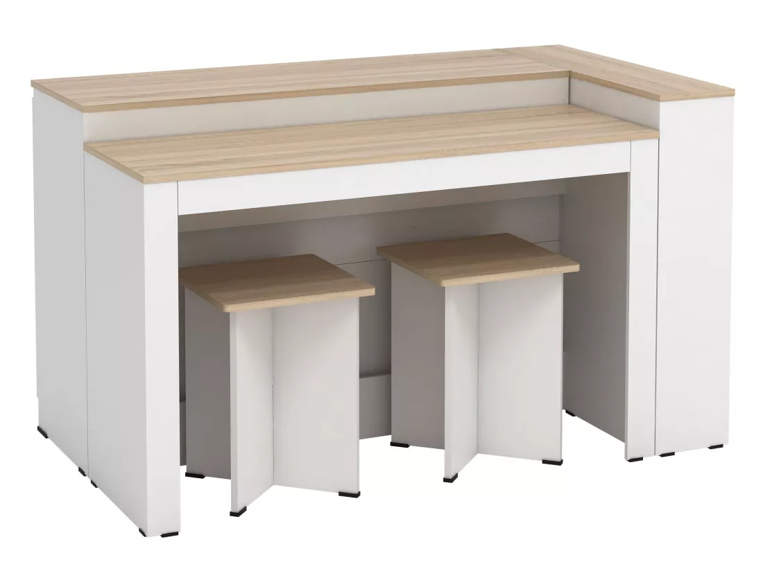Ensemble îlot central de cuisine + 2 tabourets - Blanc et Naturel clair - NUSICE