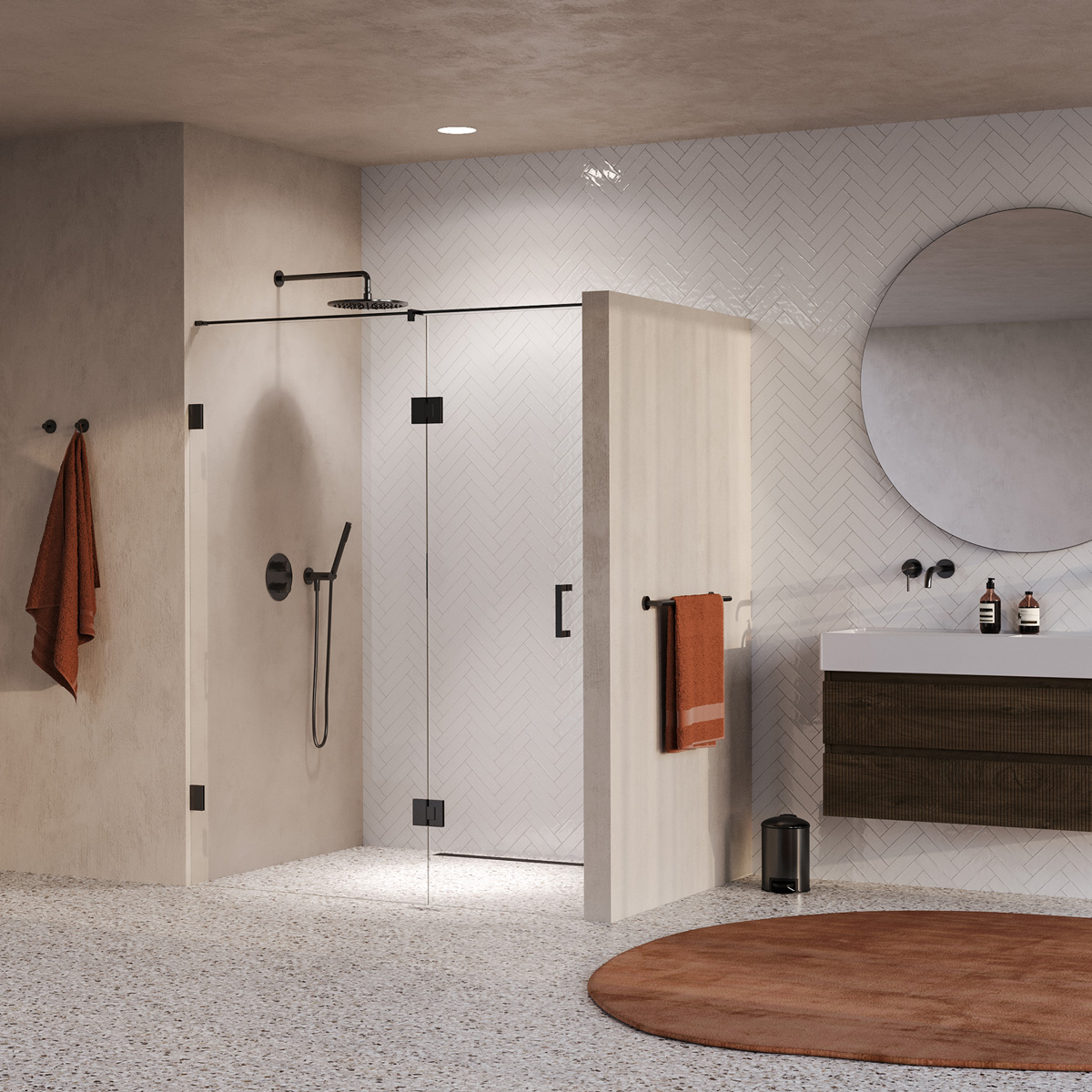 Brauer Void profielloze nisdeur 160cm met draaideur 70cm aan glas gunmetal geborsteld PVD