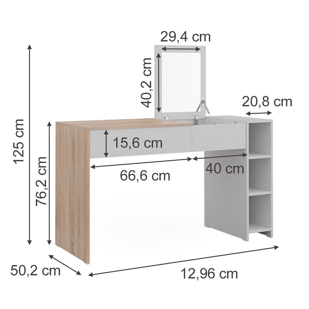Vicco Schminktisch Kira, 129 x 76 cm, Weiß Sonoma, Frisiertisch inkl. Spiegel, modern