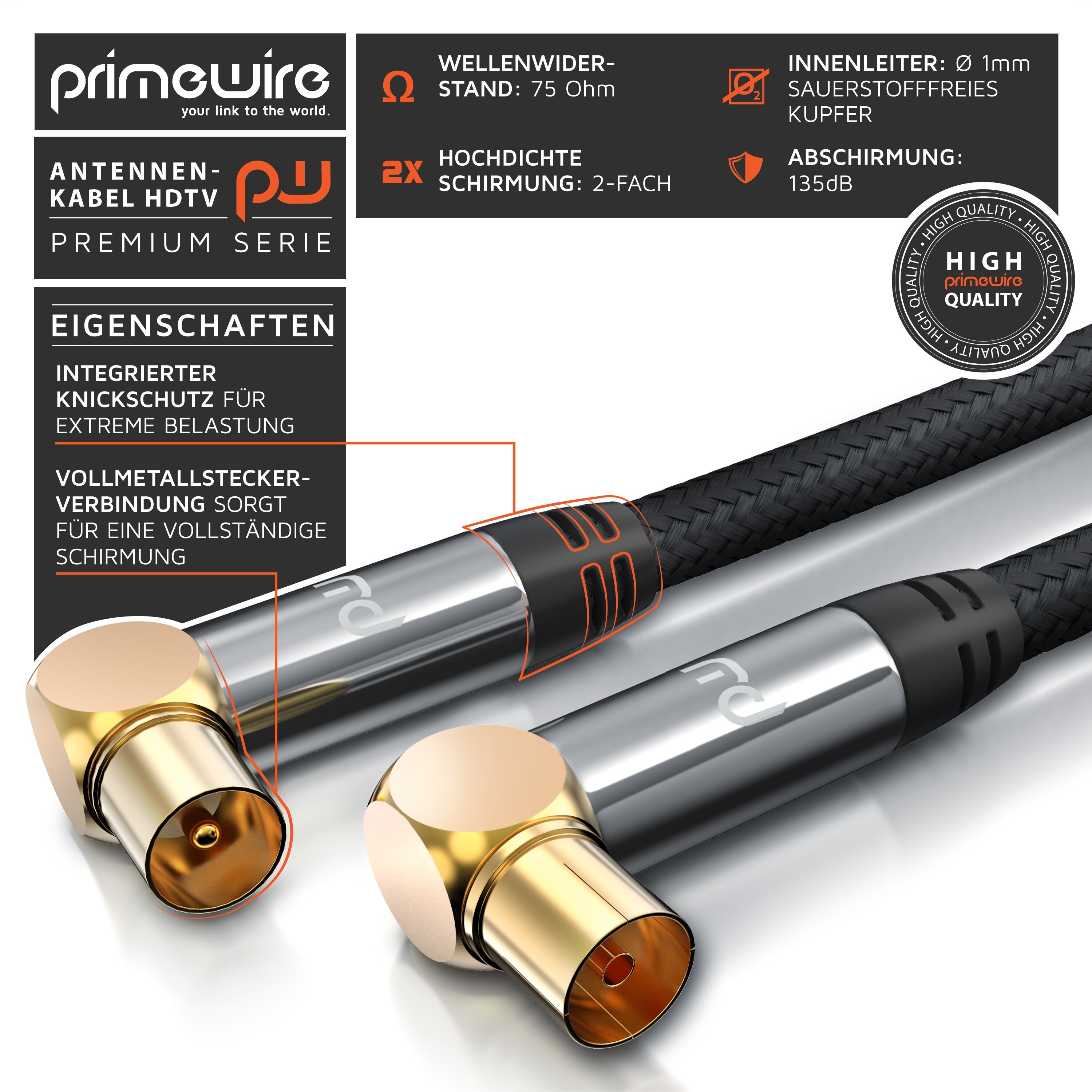 Primewire HDTV Antennenkabel gewinkelt mit Braiding - 2-fach Schirmung - Stoffummantelung - 75 Ohm / 135 dB - 5 m